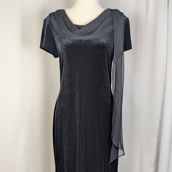 90s Vintage Velvet Short Sleeve Midi Formal Dress Gown With Chiffon Scarf Black - Picture 14 of 16